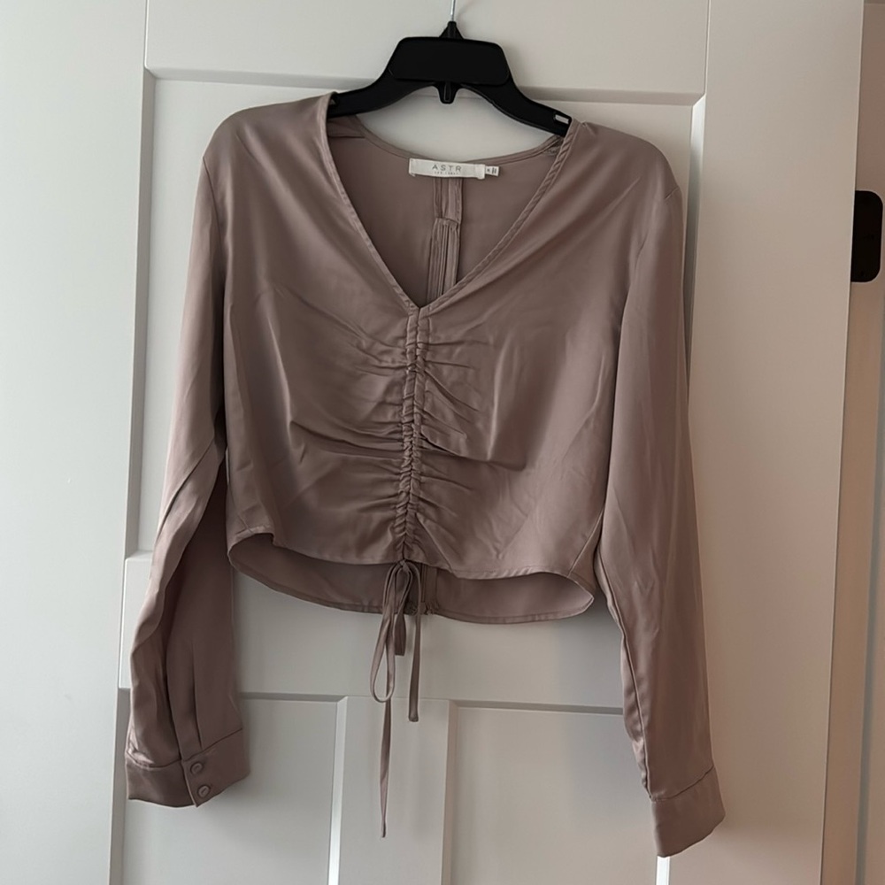 Blush/ champagne satin long sleeve top with scrunch details from ASTR the label